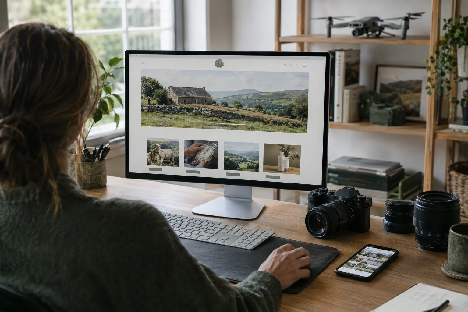 Designer reviewing a new website for a rural business, with camera gear and a drone on the desk