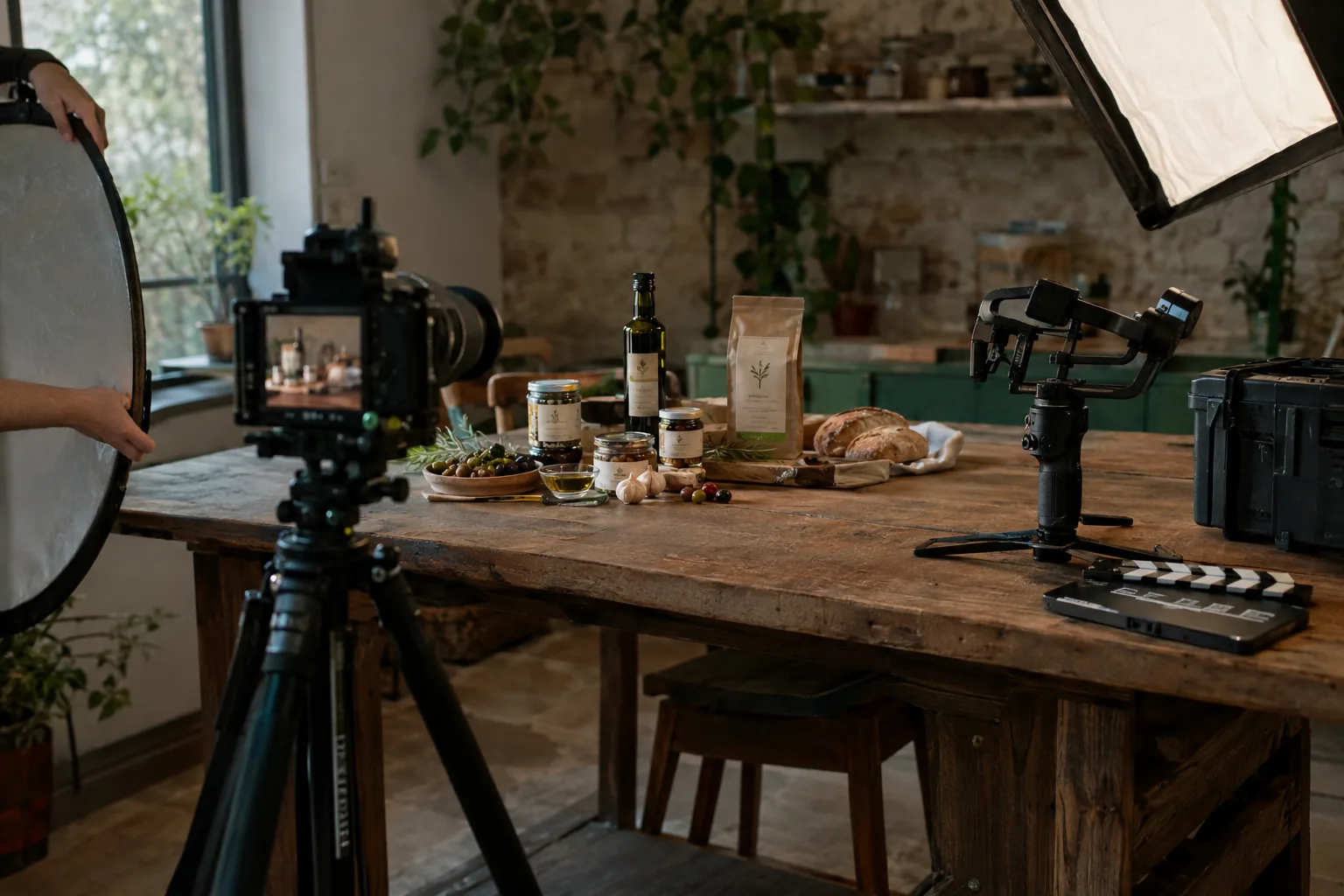 Product photoshoot in progress with camera, lighting and a gimbal on a workshop table